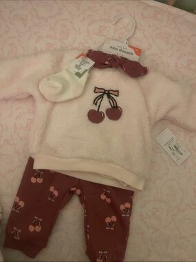 Petit Lem Girls Pink Cream Cherry Plush Matching Set